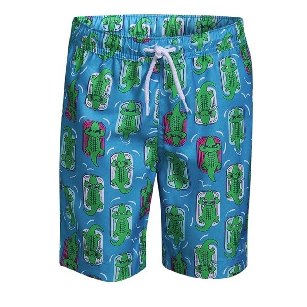 New Boys Lands' End Husky Printed Turquoise Gator Floaties Volley Swim Trunks